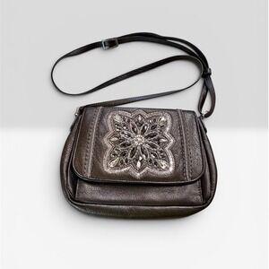 Brighton Dark Gray Leather Beaded Sequin Mandala Crossbody Bag Messenger Purse